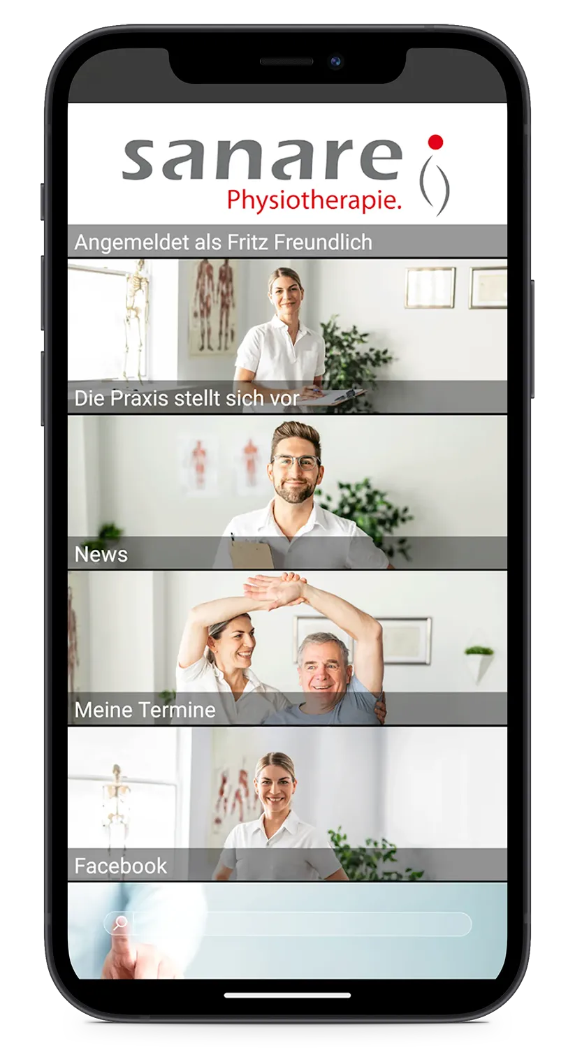 TheraConnect-App auf einem iPhone, mit Platzhalter-Logo sanare Physiotherapie und einzelnen Kacheln für "die Praxis stellt sich vor", "News", "Meine Termine" und "Facebook".