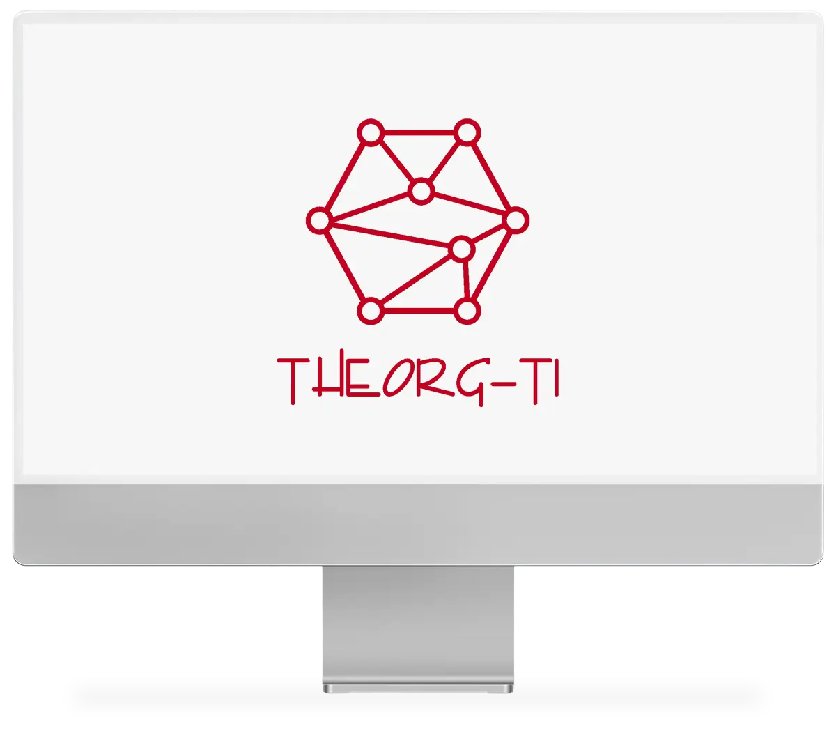 Monitor mit rotem THEORG-TI-Logo aus vernetzten Punkten auf weißem Bildschirm.