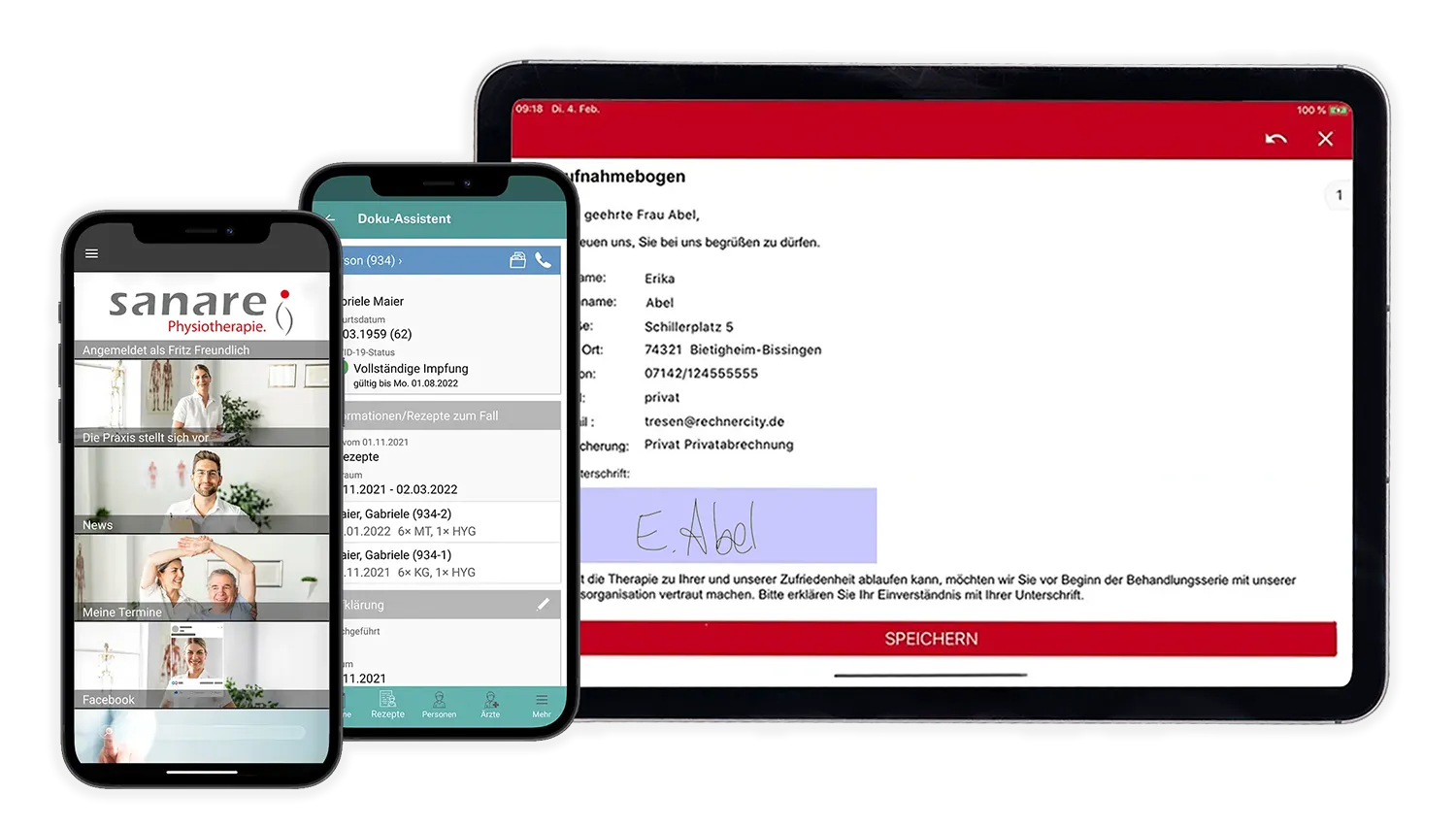 Zwei Smartphones auf denen die TheraConnect-App und die THEORG 2GO-App laufen und ein Tablet, auf dem THEORG Klemmbrett läuft.