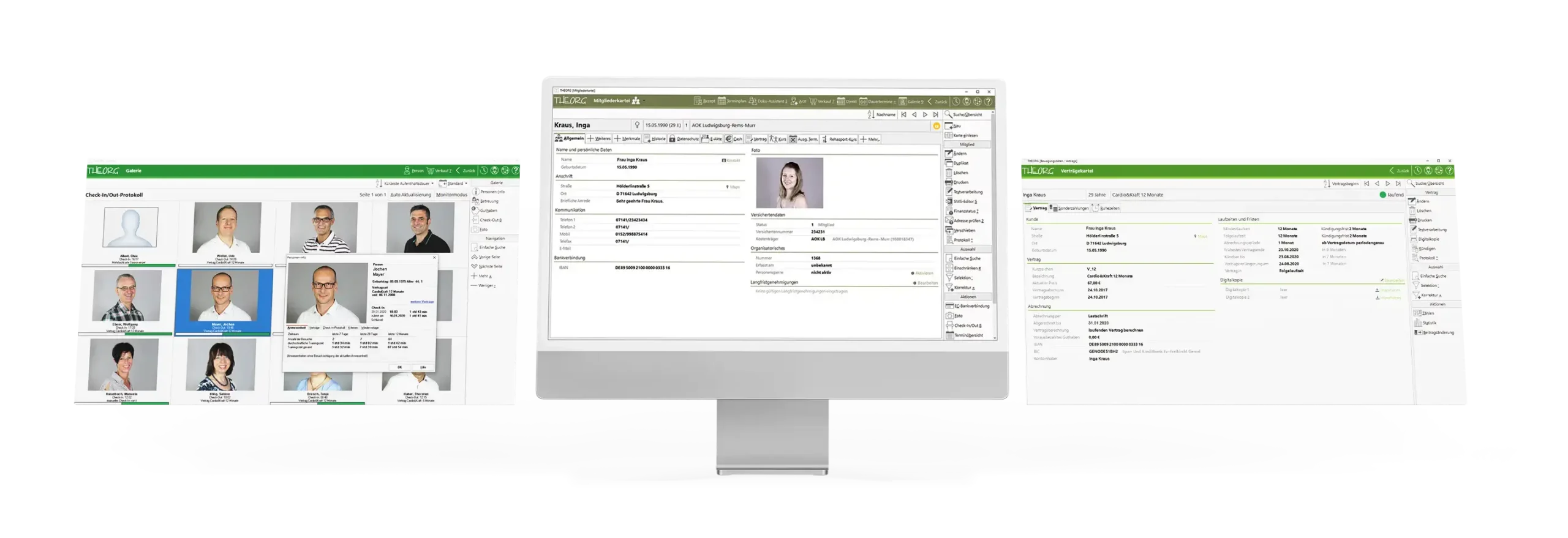 Monitor mit Screenshot der BORIS Mitgliederverwaltung, links und rechts neben dem Bildschirm schweben Screenshots von Check-in und Vertragsverwaltung.